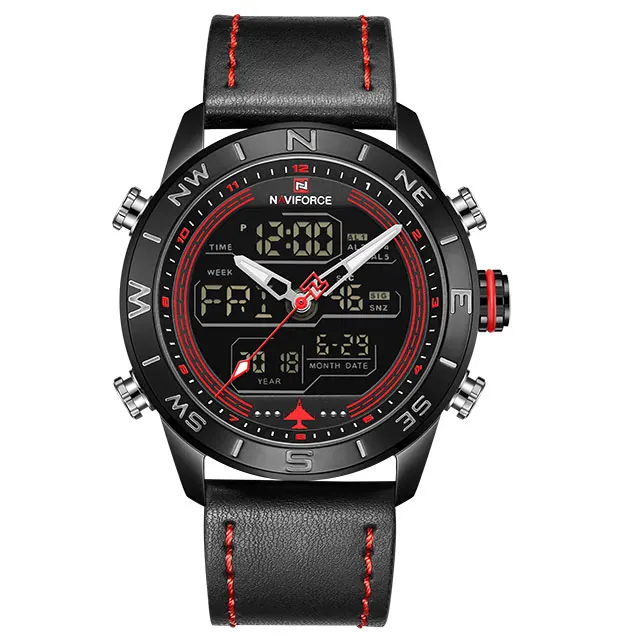 NAVIFORCE 9144 мужские модные золотые спортивные часы для мужчин s светодиодный цифровой кварцевые часы армейские военные кожаные аналоговые часы Relogio Masculino - Цвет: Black Red