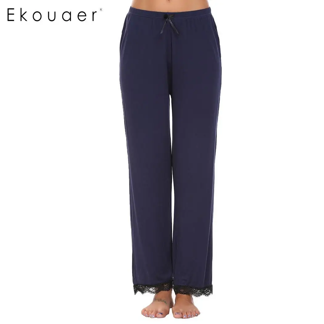 Ekouaer Women Sleepwear Pants Lace trimmed Casual Elastic Waist Pajama