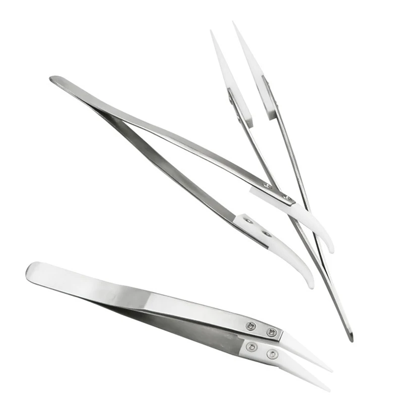 

3pcs Anti-static Stainless Steel Ceramic Tweezers Set Curved Straight Tip Precision Tweezers Insulated Heat Resistant Hand Tool