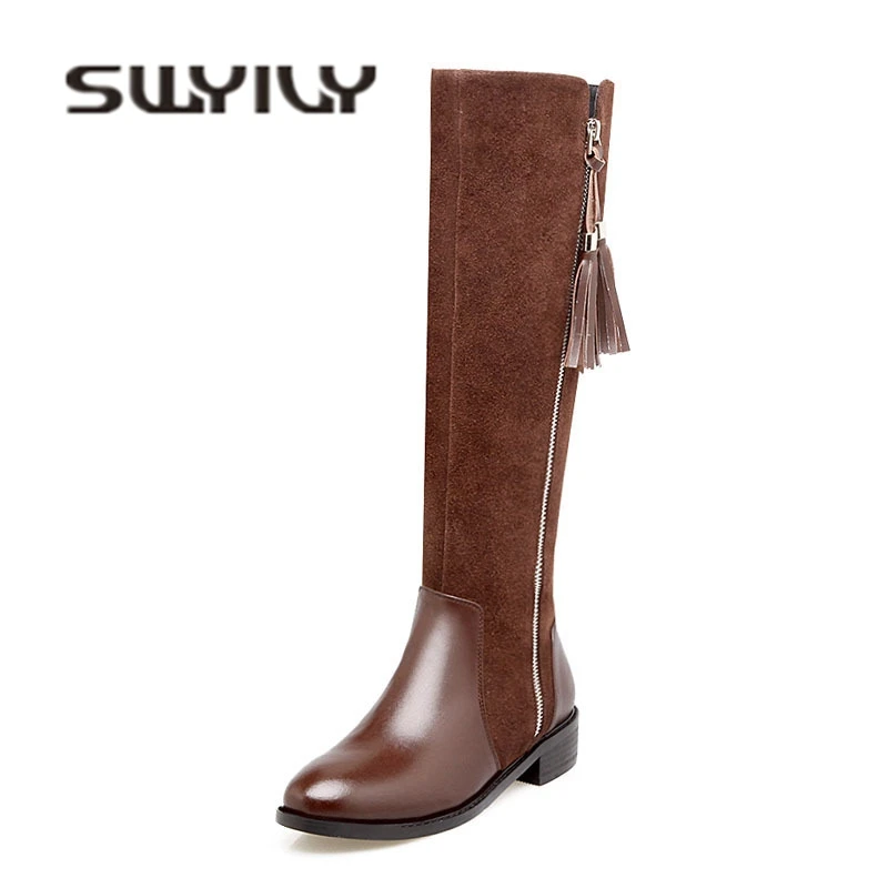 SWYIVY Woman Tall Boots Tassel Genuine Leather 2018 Winter Leather Female Fashion Snow Boots Shoes Flats Knee High Snow Boot 40