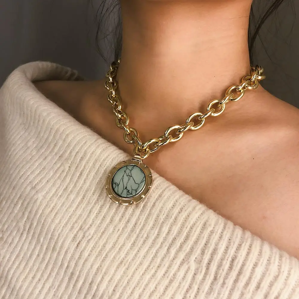 

Vintage Geometric Original Stone Coin Pendant Necklace For Women Vintage Bohemian Big Round Coin Charm Fashion Jewelry Wholesale
