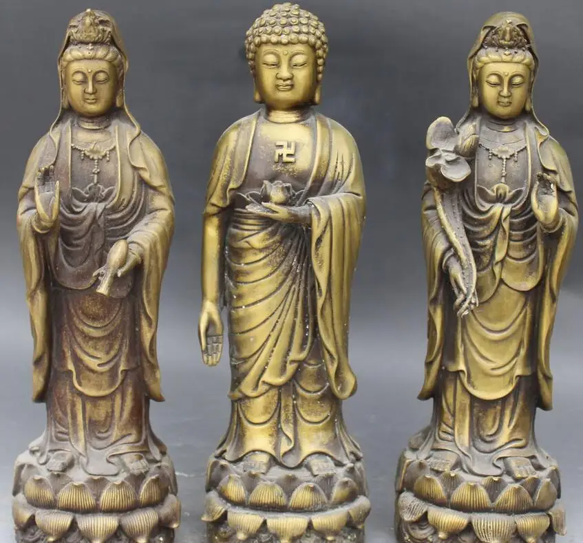

wang6710919++13" Chinese Bronze Western 3 Gods Shakyamuni Kwan-yin Guan Yin Buddha Statue Set