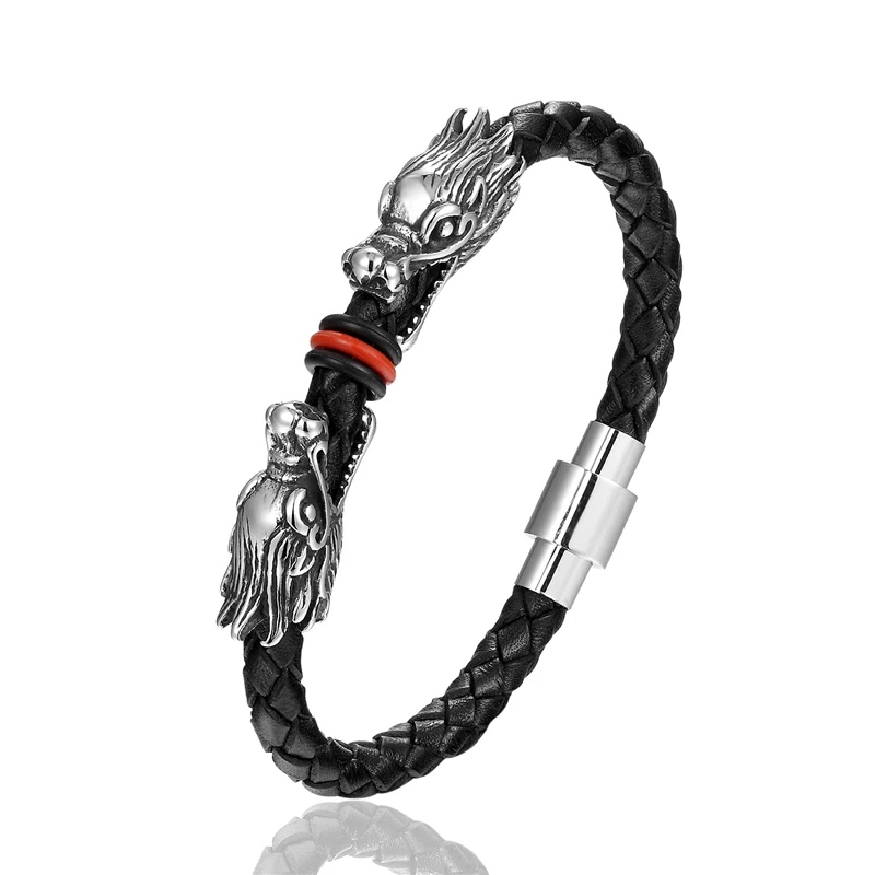 Мода 6*6 мм плетеные кожаные мужские браслеты 316L Нержавеющая Сталь Дракон браслеты модные мужские ювелирные изделия Pulseira - Окраска металла: black