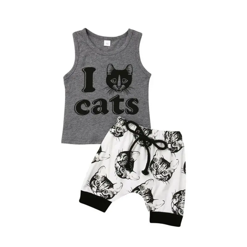

Adorable Cats Clothes Set Baby Boy Gray Shorts Sleeveless T Shirt Outfit 2 Piece Cartoon Suit New