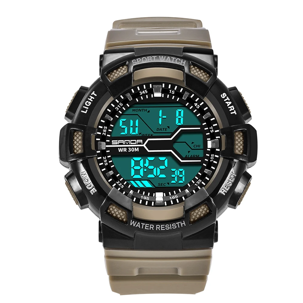SANDA новые мужские часы спортивные цифровые часы светодиодный дисплей водонепроницаемые часы - Цвет: Khaki