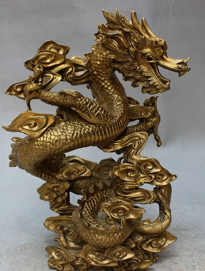 

003316 11" Folk Chinese Brass FengShui Wealth Cloud Myth Year Zodiac Fly Dragon Statue