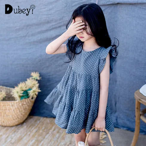 

2019 Summer Casual Dot Loose Flying Sleeve A-Line Girl Dresses Elegant Little Girls Clothing for A Holiday Beach Party