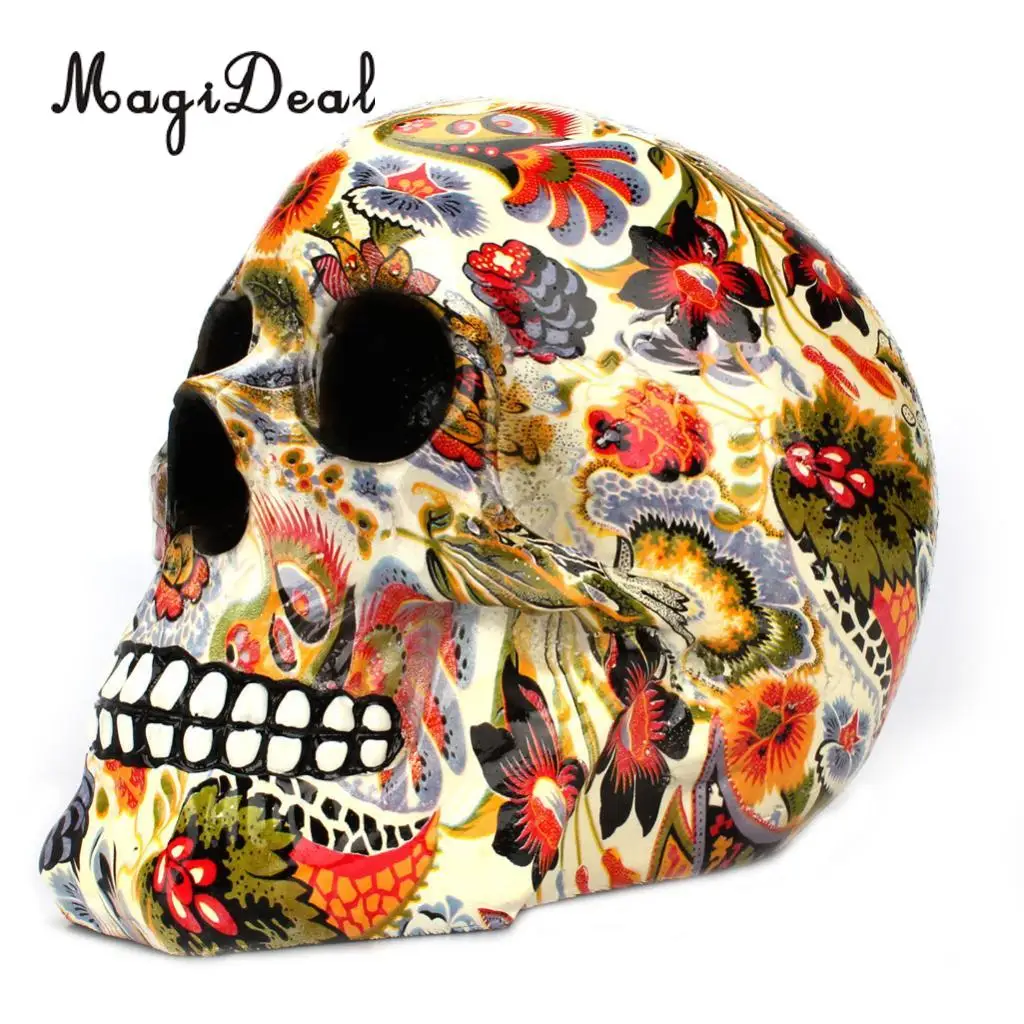 Resin Skull Model Ornament Home Decoration Flower Pattern Water Transfer Printing Souvenir for Halloween and Christmas