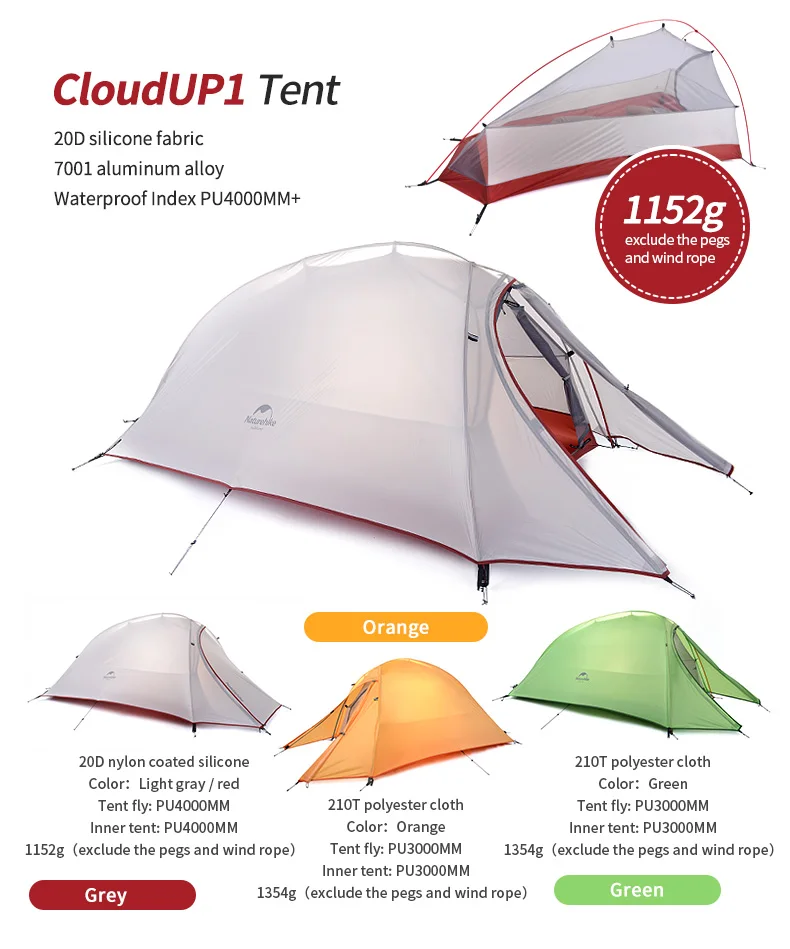 Naturehike Cloud Up Series 1 2 3 человек Сверхлегкий тент оборудование для кемпинга 20D нейлон Открытый Палатка с ковриком