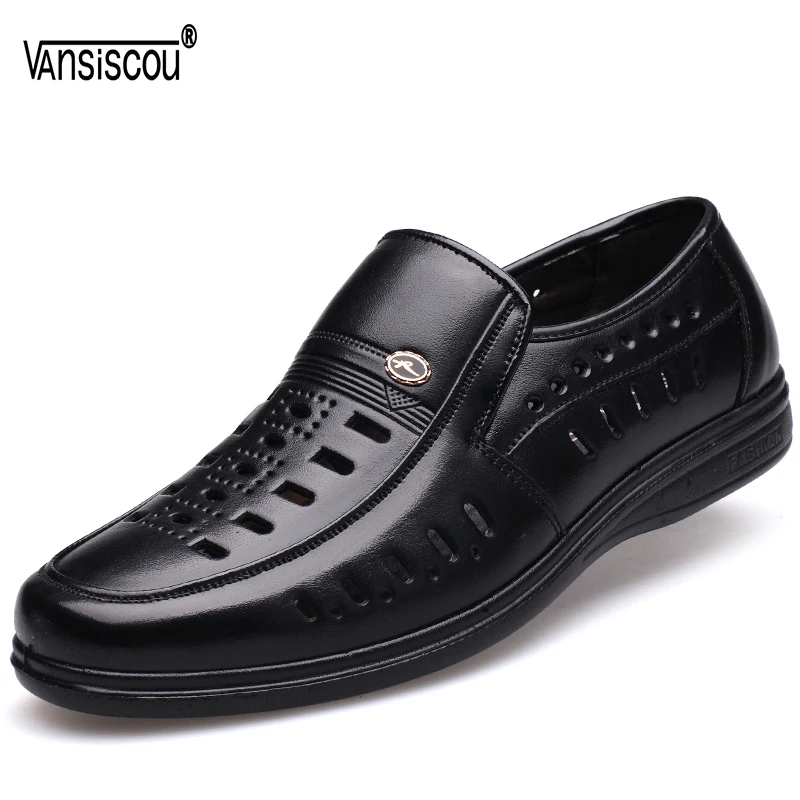 

VANSISCOU Men's Genuine Leather Fashion High Quality Business Shoes Summer Hollow Cut Flats Formal Lace up comfy Walking Loafers