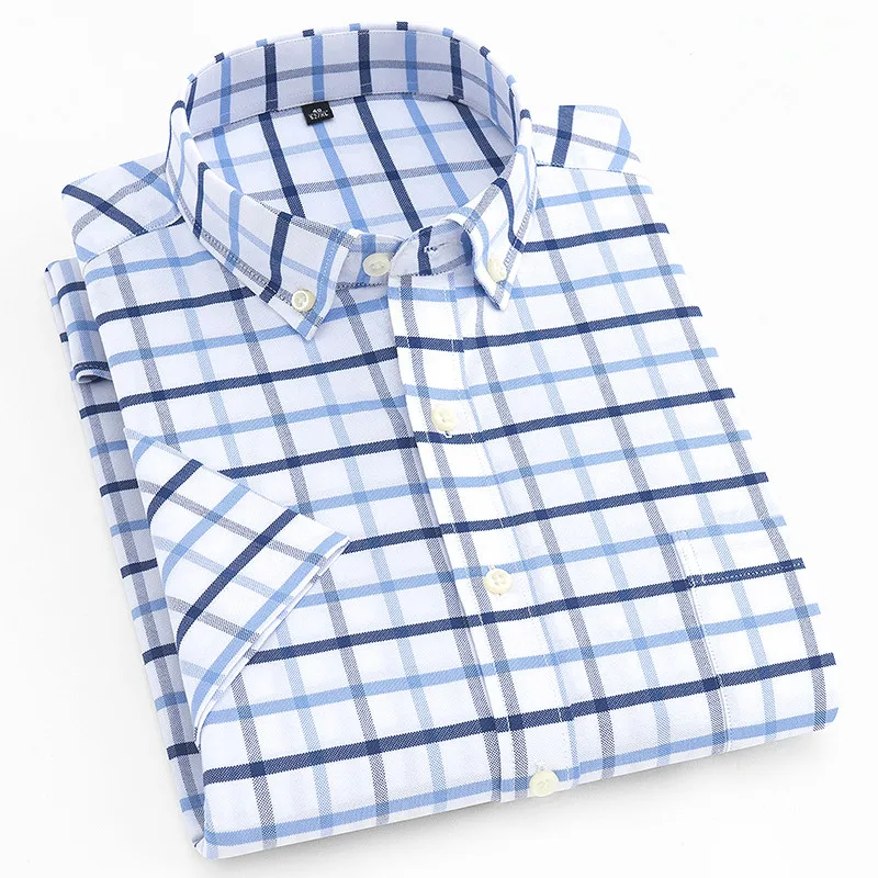 Мужские Рубашки, Топы, мужская рубашка с коротким рукавом, полосатая и клетчатая рубашка, Повседневная однотонная оксфордская деловая Мужская рубашка с карманом, официальная рубашка на пуговицах