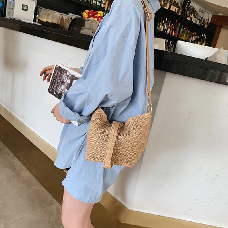 Женская элегантная соломенная трикотажная летняя пляжная сумка-тоут, женская модная плетеная Сумка из ротанга, стиль