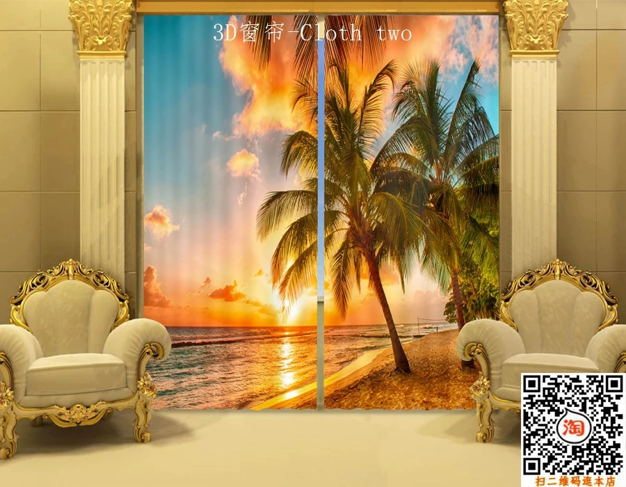 

Sunset beach, the coconut trees landscape 3 d printing 100% shading curtain fabrics