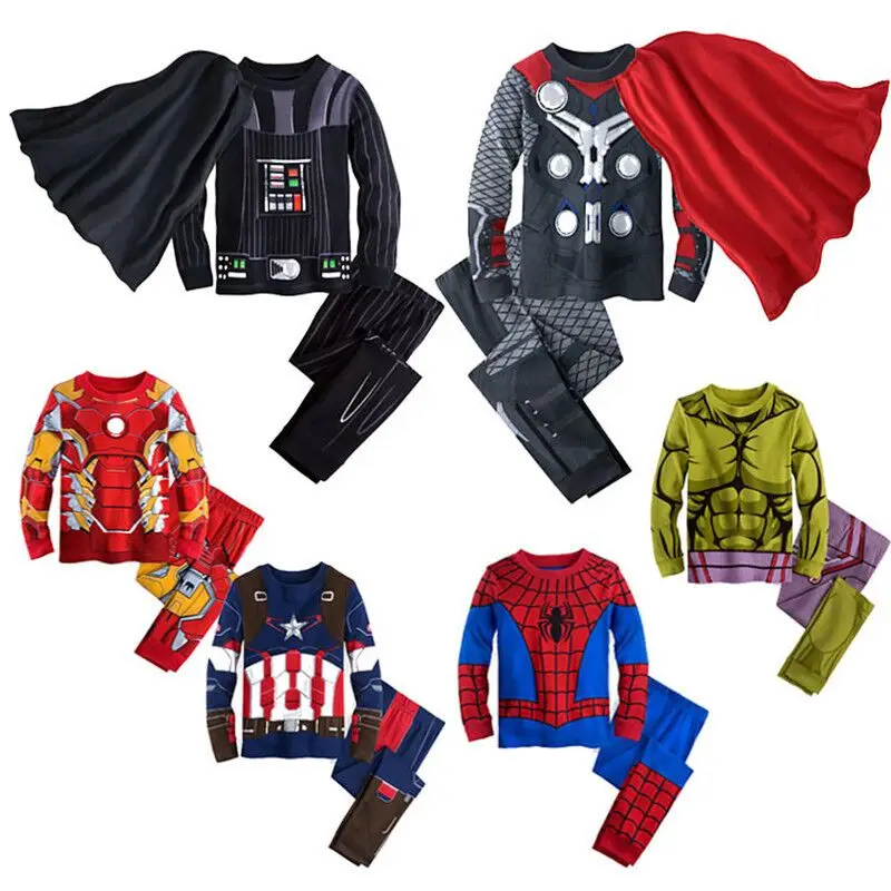 Пижама с Мстителями Marvel, комплект одежды для мальчиков, Человек-паук, Капитан Америка, Тор Халк, Железный человек, одежда для сна, пижамный комплект с длинными рукавами для мальчиков