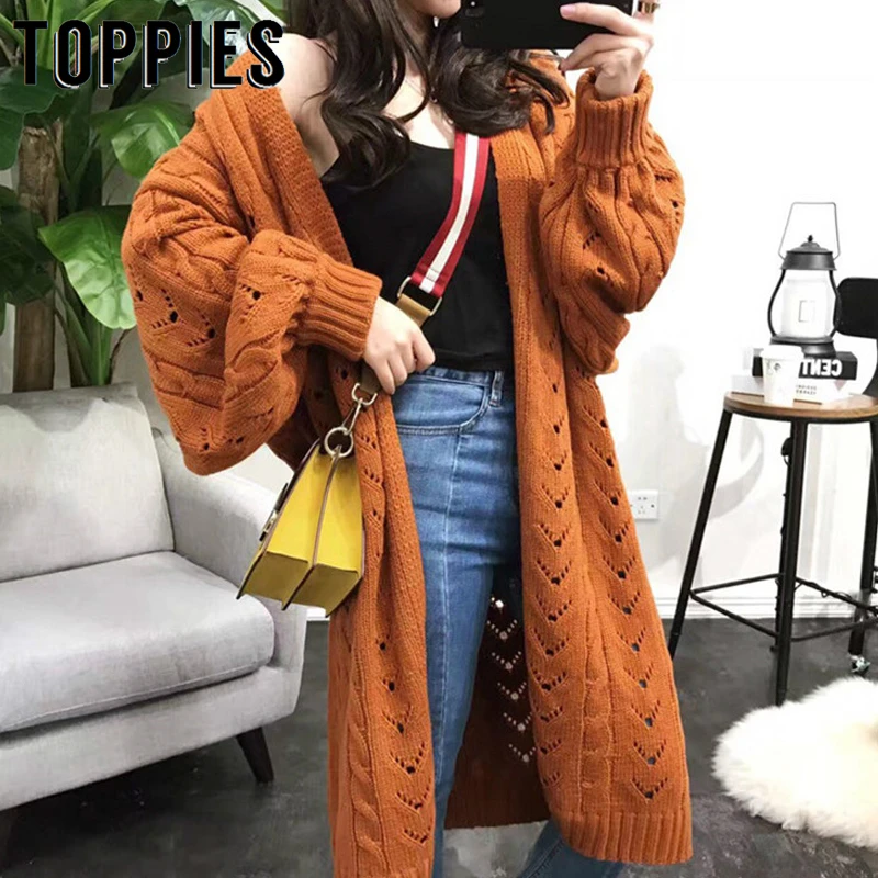 

2019 Winter Hollow Out Knitted Long Cardigan Loose Oversize Cardigan Women Sweater Coat Solid Color