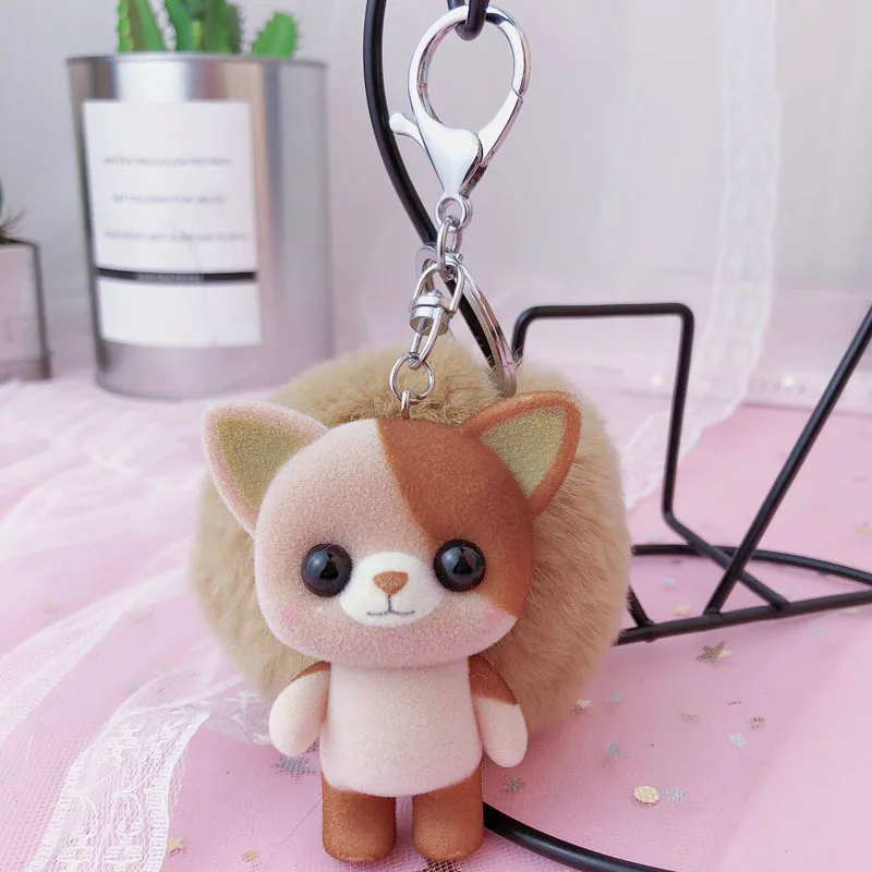 

kawaii Flocking Animal Keychain with Fur Ball Plush keyring Handbag Charm Accessory Pendant Key Chain Holder children