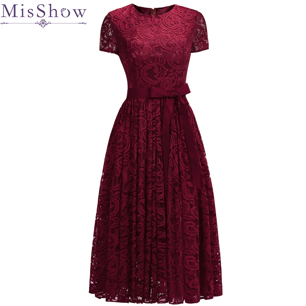 

In Stock burgundy Full Lace Cocktail Dresses Elegant Short Sleeves Homecoming Dress Formal Dress Women Short Prom Gown with Sash