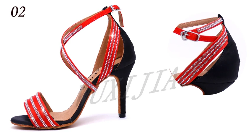 WUXIJIAO/Танцевальная обувь для сальсы, спарти, сатиновые блестящие стразы, мягкая подошва, обувь для латинских танцев, женская обувь для сальсы, Каблук 5-10 см