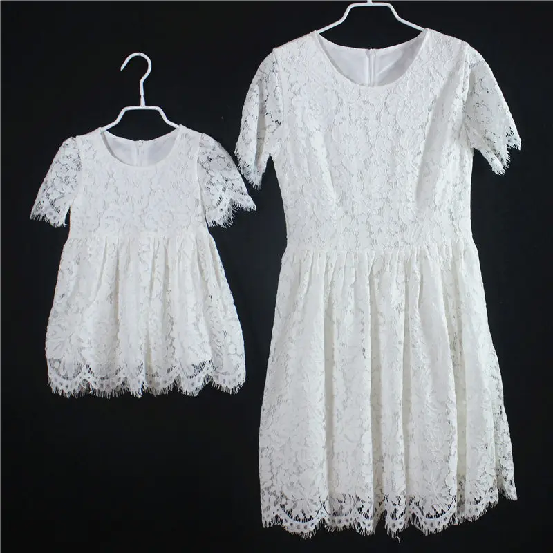 Family matching outfits short Sleeves white red kids girls paternity skirts mommy and daughter lace dresses mother & kids dress шапка kusto steam short red white