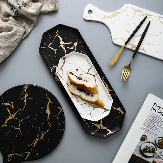 European White Black Golden Ceramic Dishes And Plate Pizza Dessert Steak Dinner Set Porcelain Tableware Decorative European White Black Golden Ceramic Dishes And Plate Pizza Dessert Steak Dinner Set Porcelain Tableware Decorative