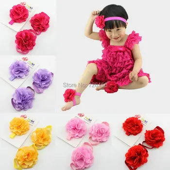 

240set/lot Baby Barefoot Shoe Flower With Satin Mesh Flower Matching Headband Photo Props