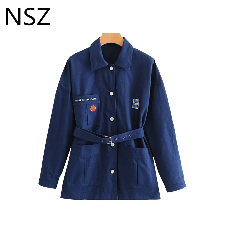 

NSZ Women Blue Jacket Long Sleeve Turn Down Button With Belt Coat Casual Patch Outerwear Clothing Top