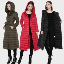 Зимняя женская куртка Новая модная белая пуховая парка ультра легкое пальто с капюшоном длинный тонкий пуховик