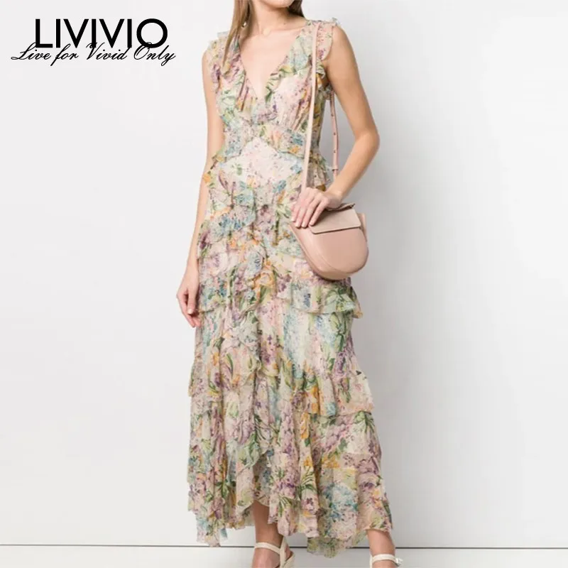 [LIVIVIO] женское платье с оборками и принтом, с v-образным вырезом, без рукавов, с высокой талией, платья длиной до лодыжки, Женская мода, лето