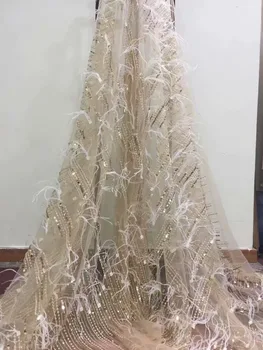 

Embroidered sequin with feathers Lace Fabric High Quality French Lace With Sequins Laces Materials African Wedding
