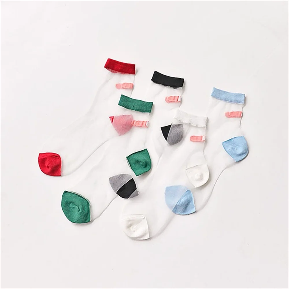 Unique Summer Women Transparent Socks Harajuku Stretch Band Aid OK Crystal Sock Lace Silk Art Short Socks Five Colors