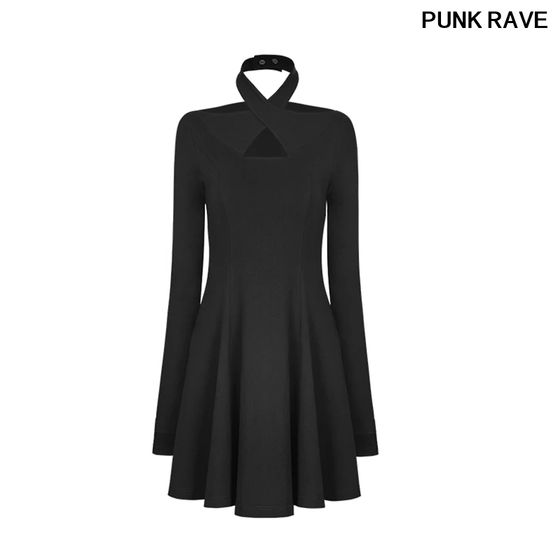 

Gothic Hollow-out Collar Design A Shape Cross Sleeve Neck Dress Sexy Cross Front Halter Black Club Dress PUNK RAVE OPQ-281LQF