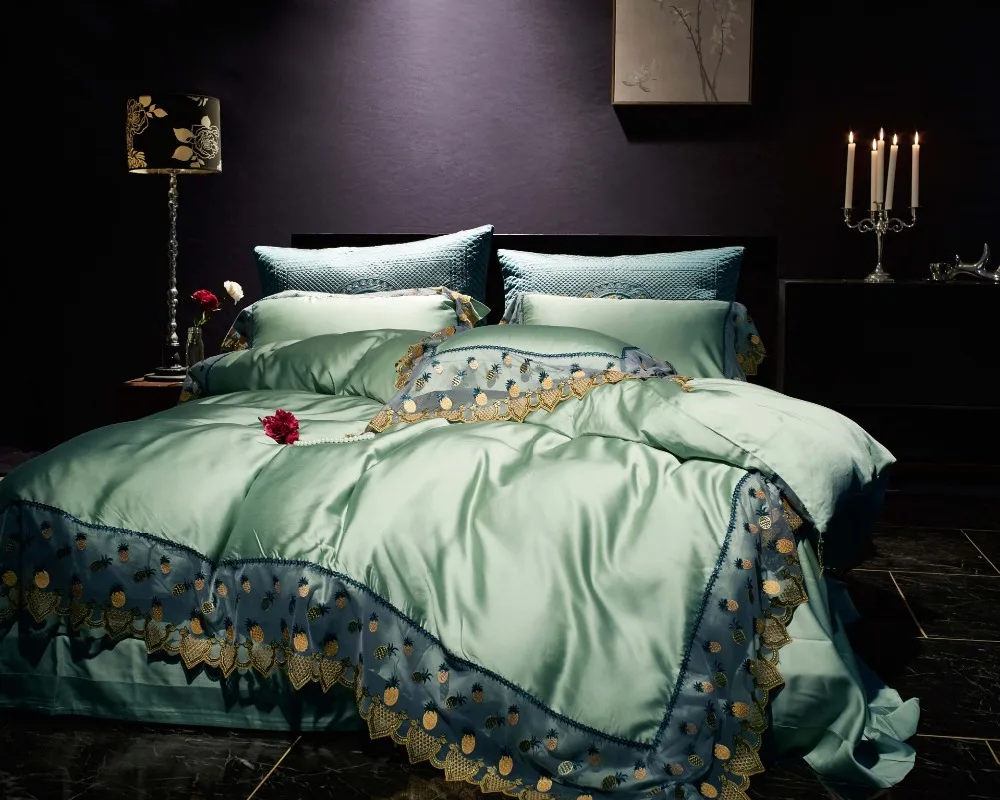 Noble Blue 80s Tencel Embroidered Bedding Sets Queen King Luxury