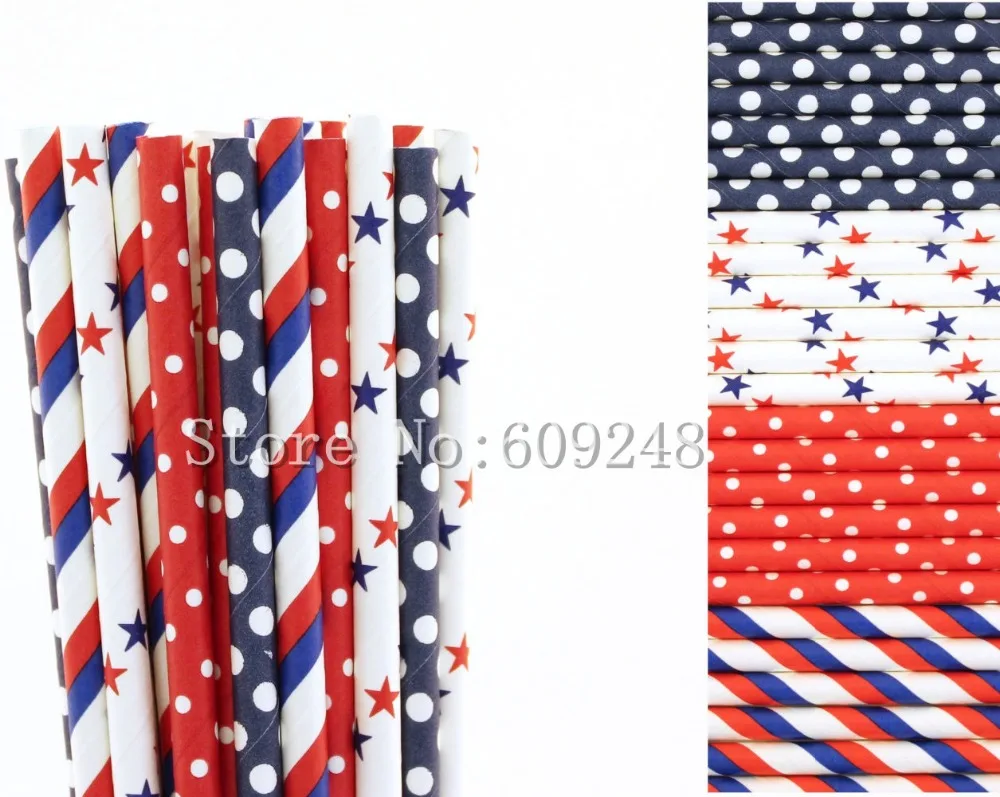 

100 Pcs Drinking Party Paper Straws Mix,Blue Red Striped Star,Navy and Red Swiss Dot,Fourth of July BBQ,Patriotic,Colored,Art