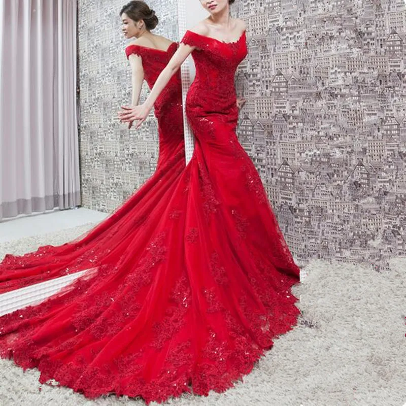 Сексуальные красные вечерние платья русалки Robe De Soiree с v-образным вырезом и открытыми плечами, кружевные аппликации, платья знаменитостей для выпускного вечера
