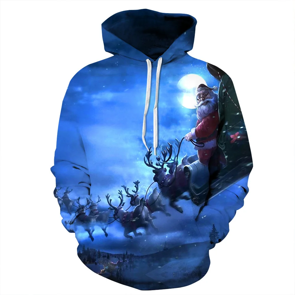 2018 3D Santa Sleigh Digital Print Hooded Sweatshirts Couples Large Size Long Sleeve Sweatshirt |