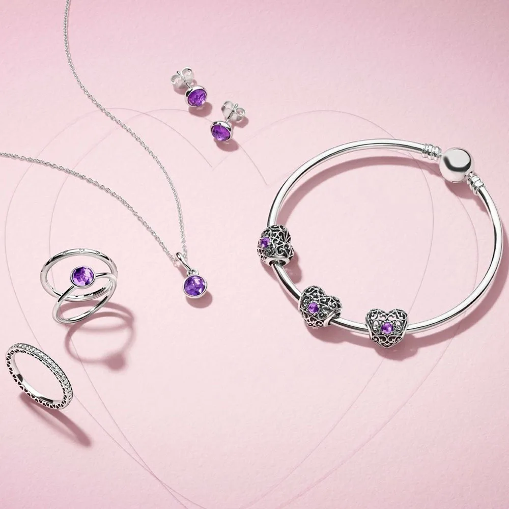 

Fanier 100% 925 Sterling Silver 1:1 Fevernment Signature Birthstone Heart Charm Pingent Gota Brinco Ring Paste Joint Bracelet