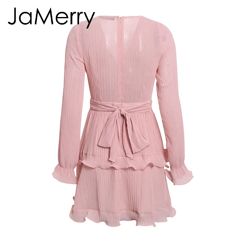 JaMerry винтажное элегантное шифоновое женское мини-платье с оборками, летнее однотонное праздничное платье с длинным рукавом, повседневное короткое платье vestidos