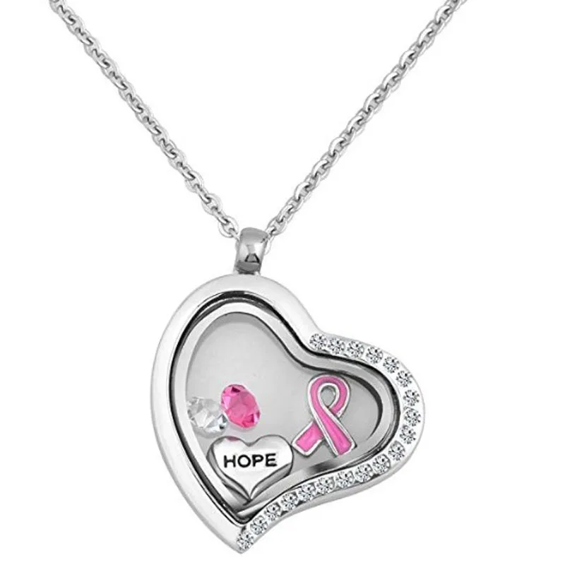 

Breast Cancer Awareness Floating Ribbon Multi-Colored Crystals Locket Pendant Necklace with 18 Inch Chain