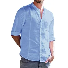 Feitong/льняные хлопковые рубашки для мужчин с откатными пуговицами и длинными рукавами, однотонный воротник с лентой, рубашка для мужчин, синий топ, мужские рубашки