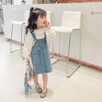 

2 3 4 5 6 Y Girl Baby Clothing Sets Korean Fashion Long-sleeved Blouse Denim Strap Dress 2pcs Kids Clothes Little Girl Suit 2019
