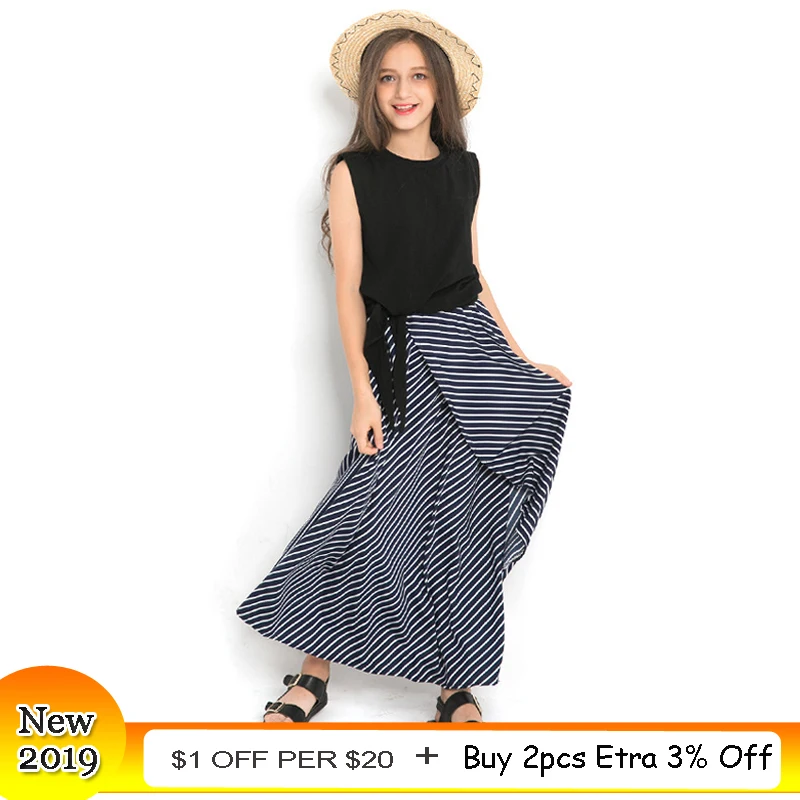 

Teenage Girls Clothes Summer 2019 Children Clothing Set Striped Long Skirts Two-Piece Casual Kids Girls Clothes Suit 8 10 11 12