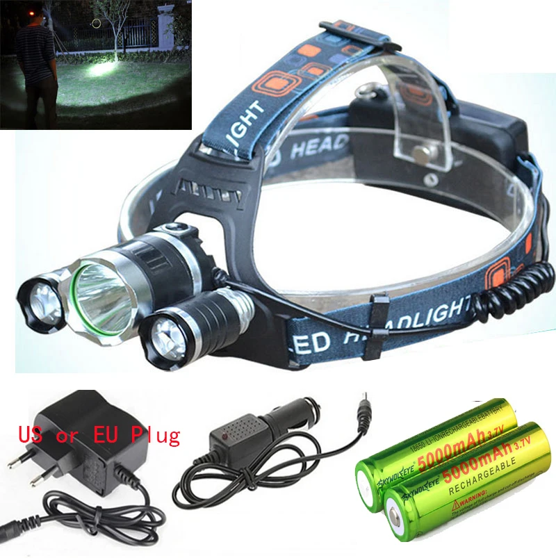 6000LM 3X XM-L T6+2x R5 LED Headlamp 4 Mode Head Torch Light Lamp+ Charger/Car charger+2x Rechargeable 18650 battery | Освещение