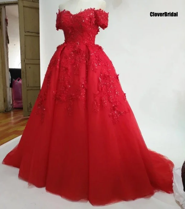

CloverBridal high quality 3D lace appliques off-the-shoulder middle east red wedding dress with outer layer
