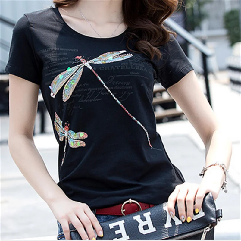 

2019 summer Hand beading diamonds T shirt women's tops fashion sequined t-shirts rhinestone cotton tshirt bead Poleras De Mujer