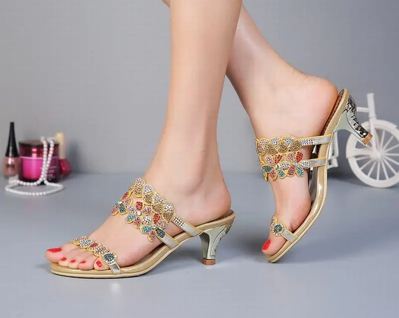 Mujeres Gold Colorido Verano Med De Talones Zapatos Del Sandalias 2018 Señoras Rhinestone Cómodo Flores Gladiador Cristal qxCwqZadF