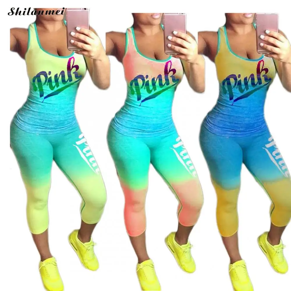 Blend T Shirt Tank Tops Skinny Pants Tracksuit Causal Skinny Sport Sets Plus Size 2 pcs Sets Women Pink Letter Print Summer Sets