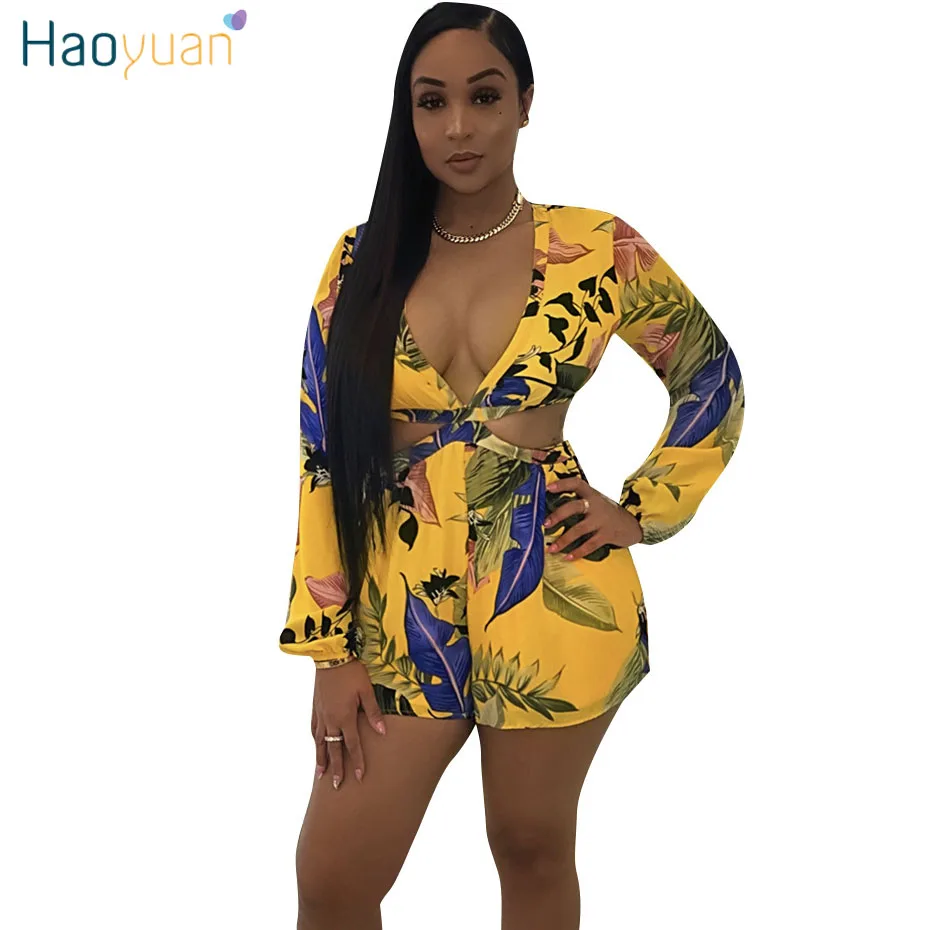 

HAOYUAN Leaves Print Sexy One Piece Overalls for Women Short Romper Summer Waist Cut Out Backless Bodysuit Long Sleeve Playsuit