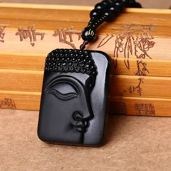 

Natural Obsidian Buddha Pendant Stone Beads Chain Beaded Curtain Scrub Healing Crystal Black Guanyin Necklace Turned Buddha Head