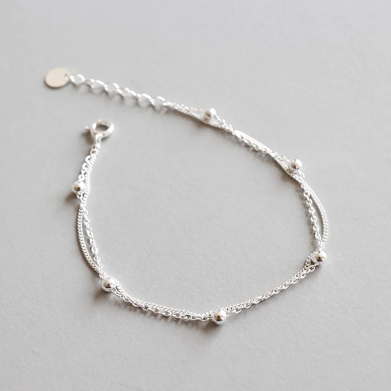 

Thin 1mm Slim Authentic 925 Sterling silver Double Rows/Multi-layers Polished Lucky Beads & Chain bracelets fine Jewelry S17
