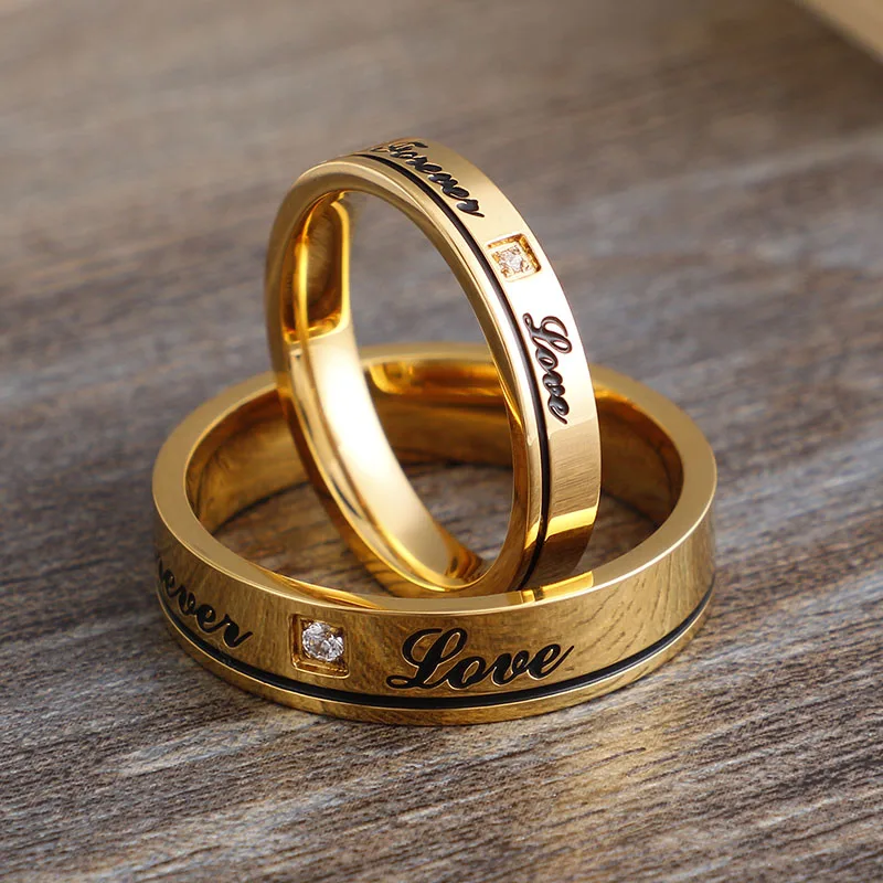 English Forever Love Wedding Rings Cubic Zirconia Couple Rings Black & Gold Color Stainless Steel Anniversary Alliance Jewelry